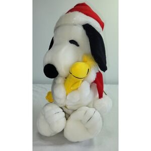 Applause Peanuts Holiday Snoopy Hugging Woodstock Plush Santa Hat White 18" Vtg